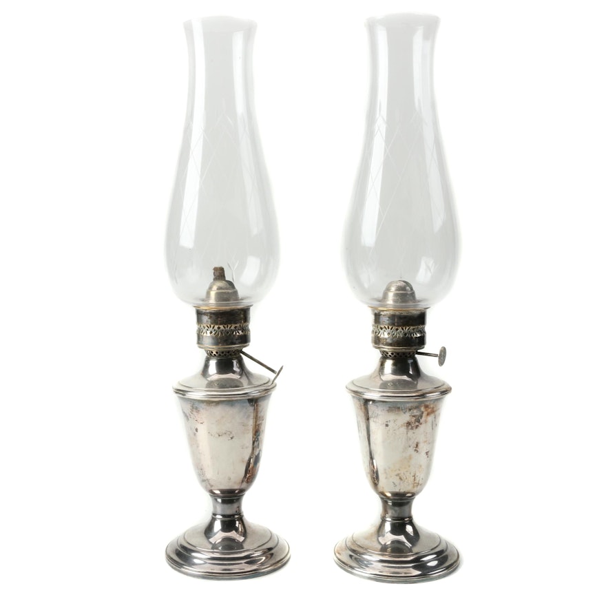 Vintage Gorham Silver Plate and Glass Hurricane Oil Lamps