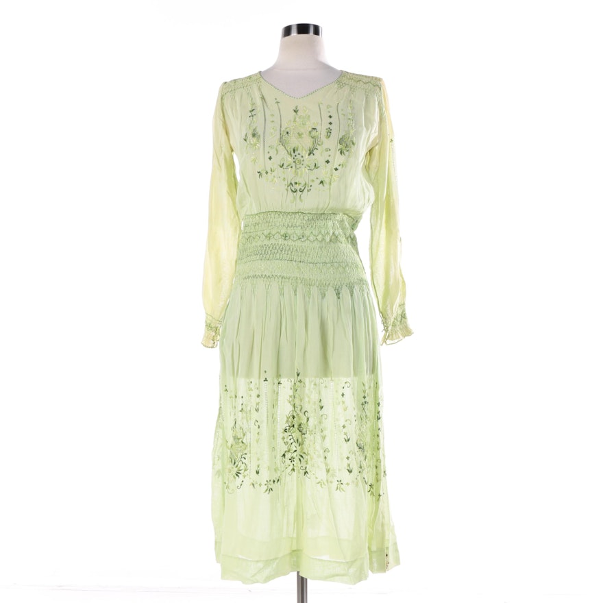 Vintage Embroidered Sheer Green Dress