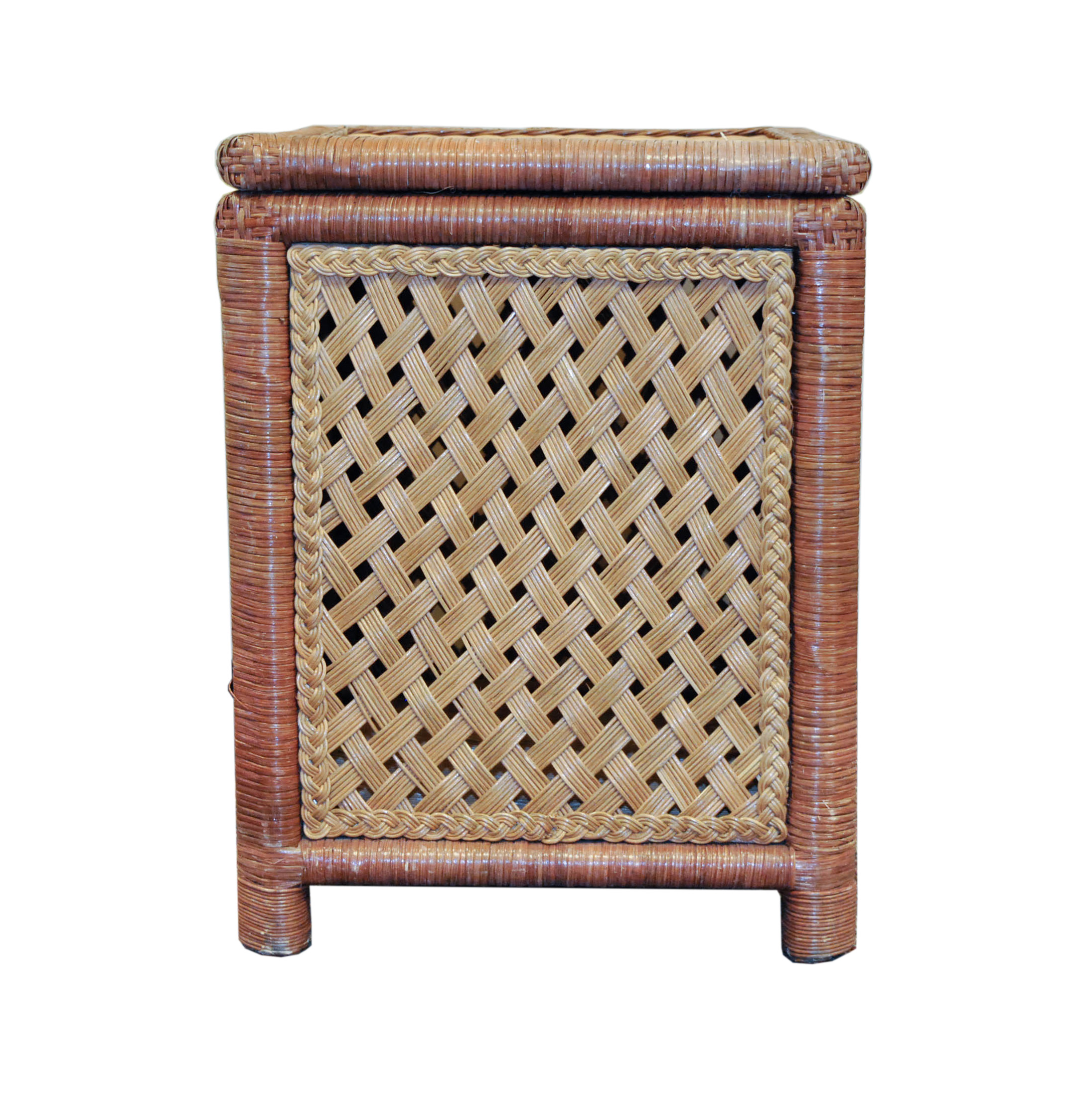 Tan and Brown Woven Wicker Laundry Hamper with Hinged Lid