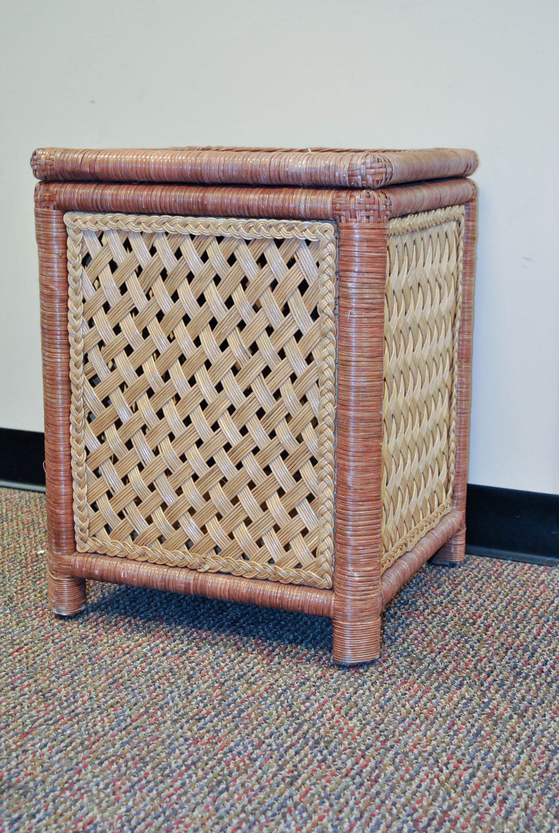 Tan and Brown Woven Wicker Laundry Hamper with Hinged Lid