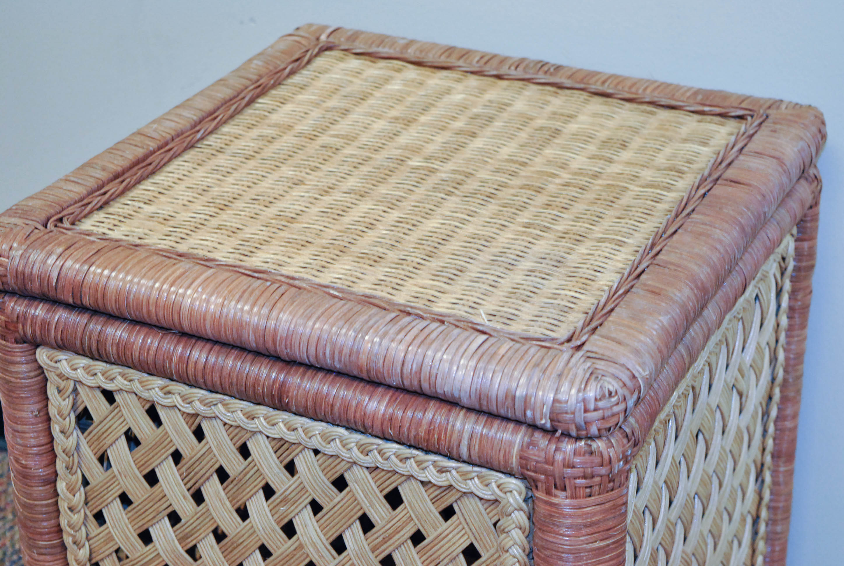 Tan and Brown Woven Wicker Laundry Hamper with Hinged Lid