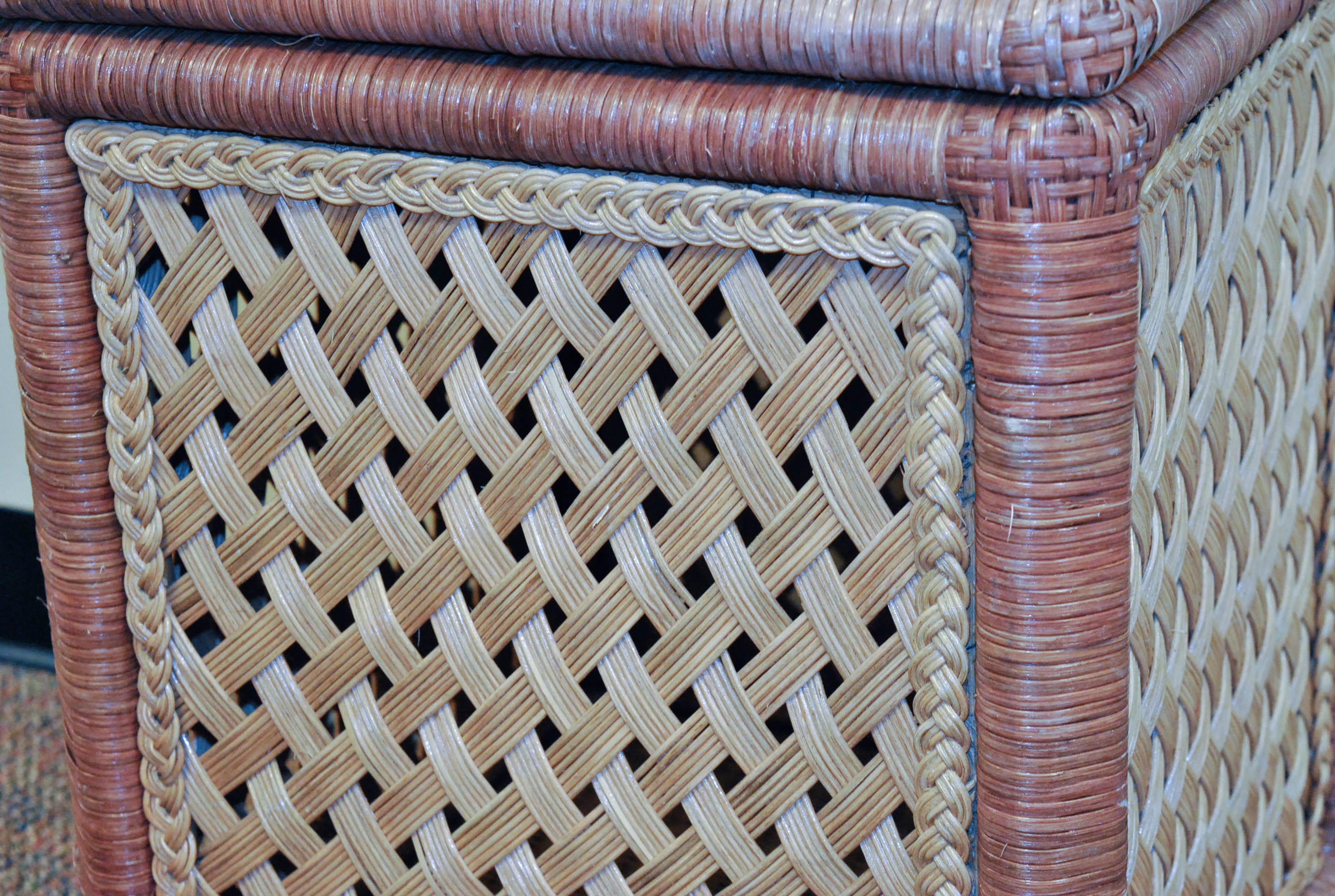 Tan and Brown Woven Wicker Laundry Hamper with Hinged Lid