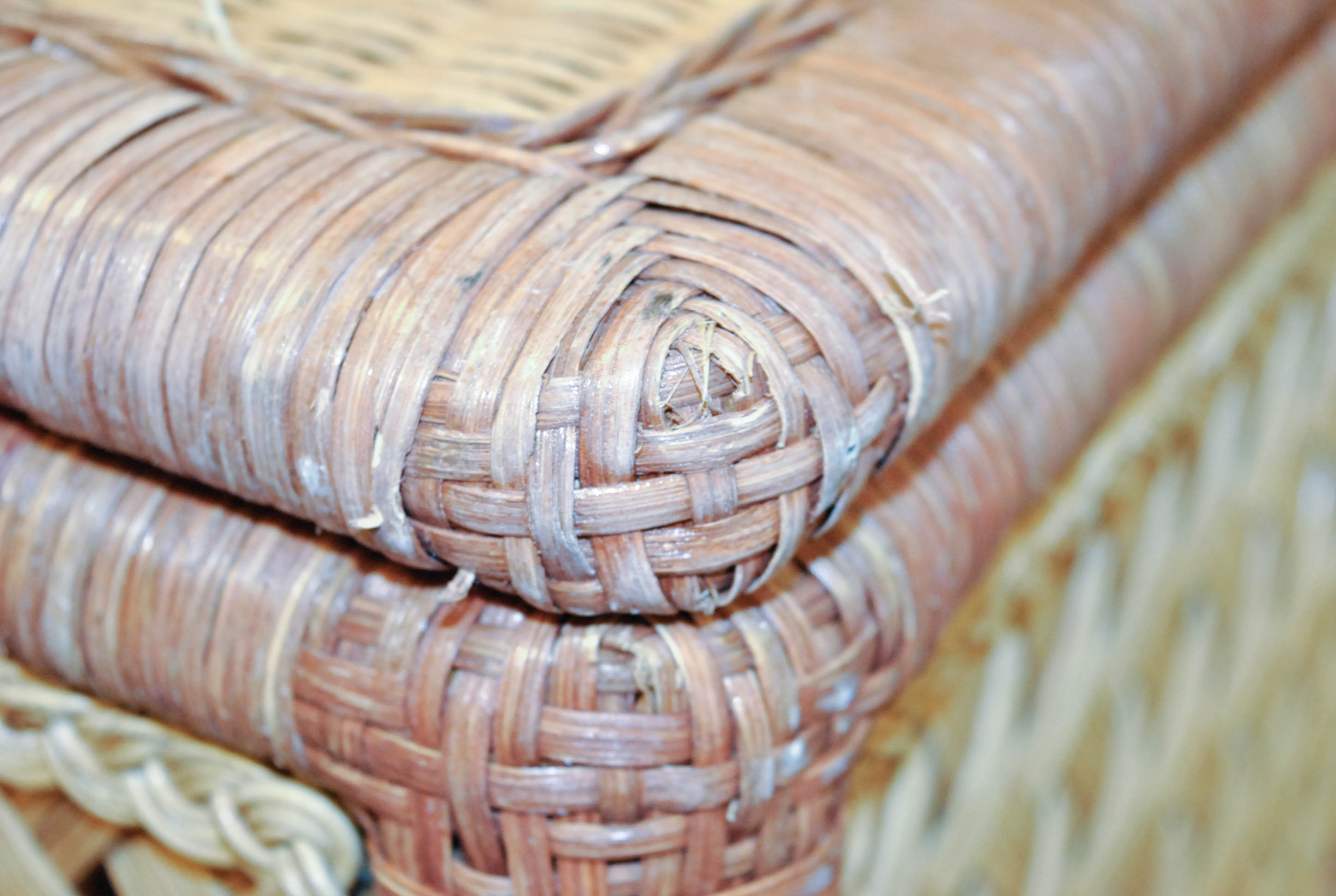 Tan and Brown Woven Wicker Laundry Hamper with Hinged Lid
