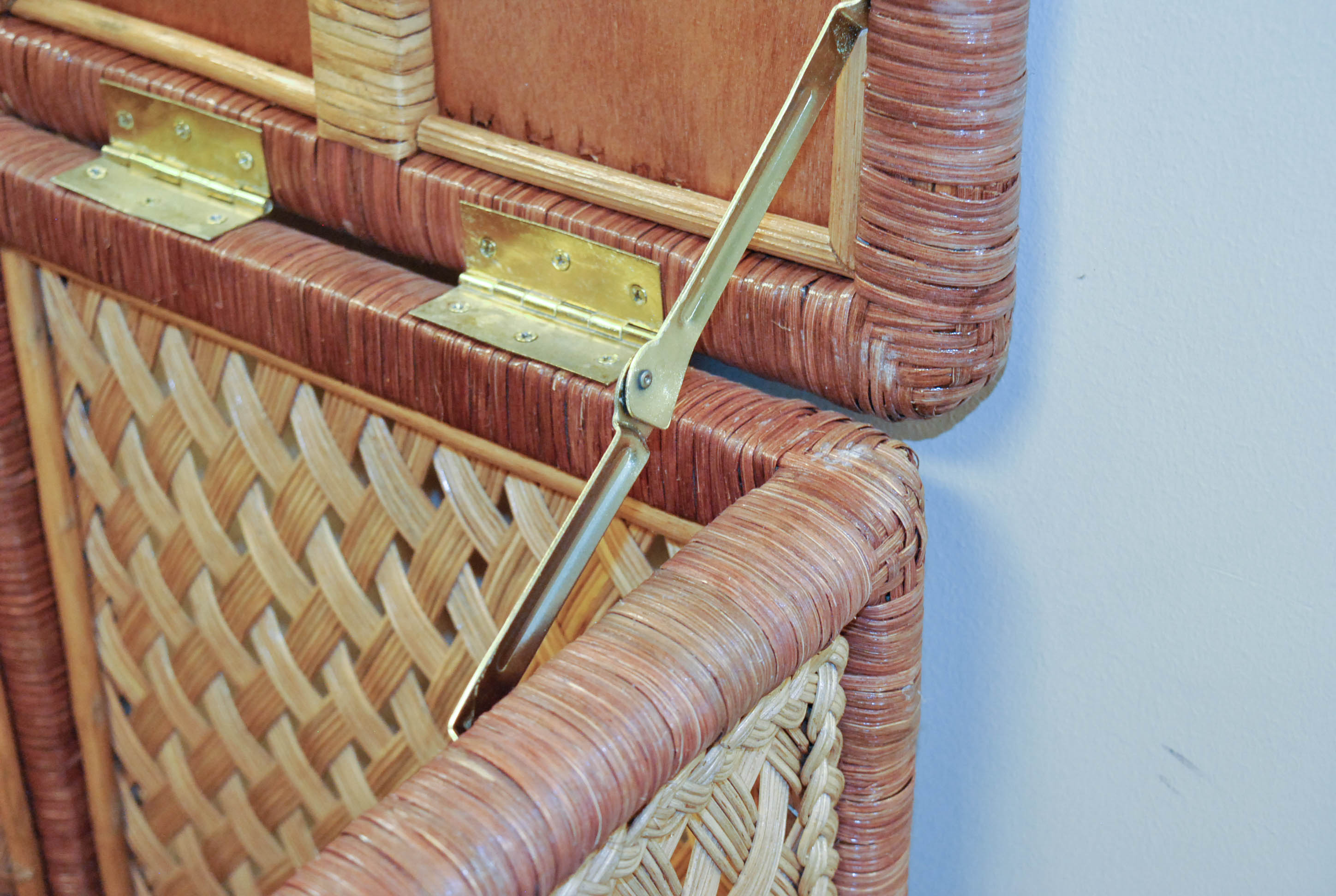Tan and Brown Woven Wicker Laundry Hamper with Hinged Lid