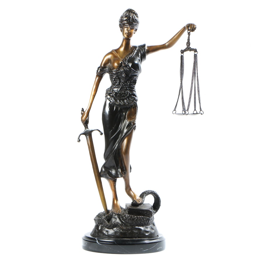 Brass Tone Sculpture of Lady Justice Attributed to Mayer