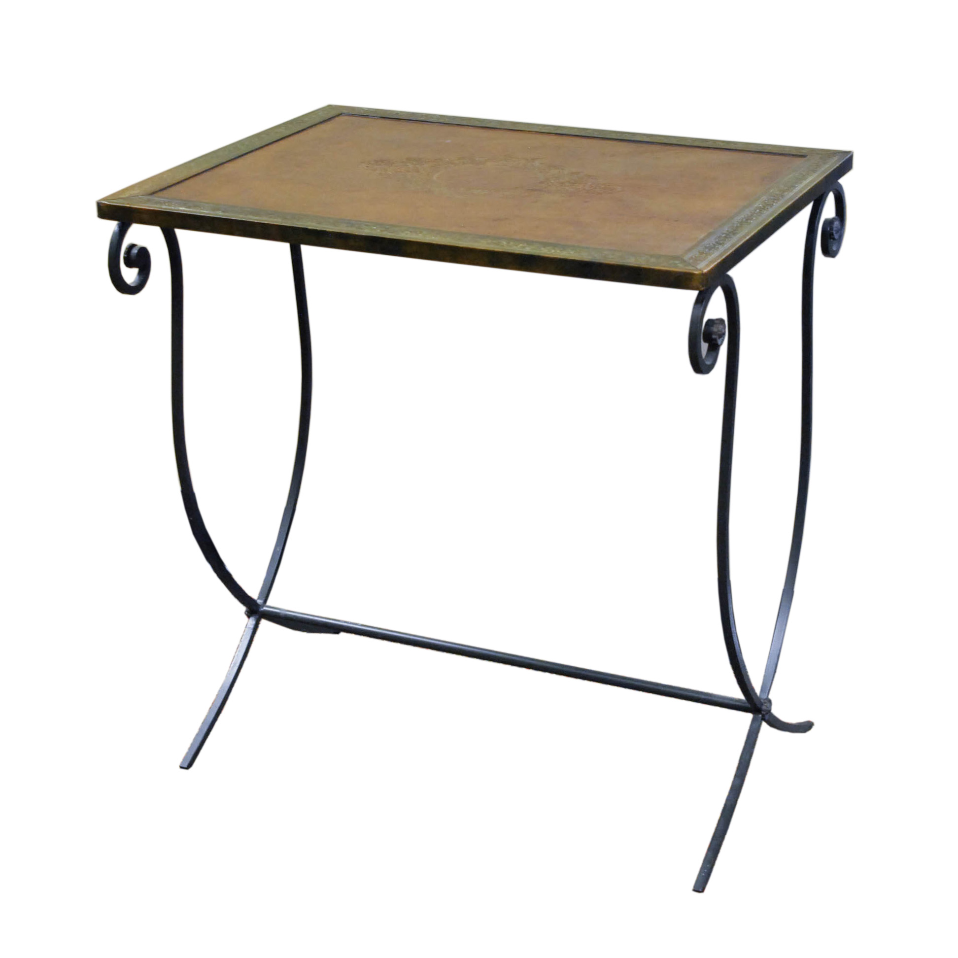 Vintage Wrought Iron Accent Table with Embossed Leather Top