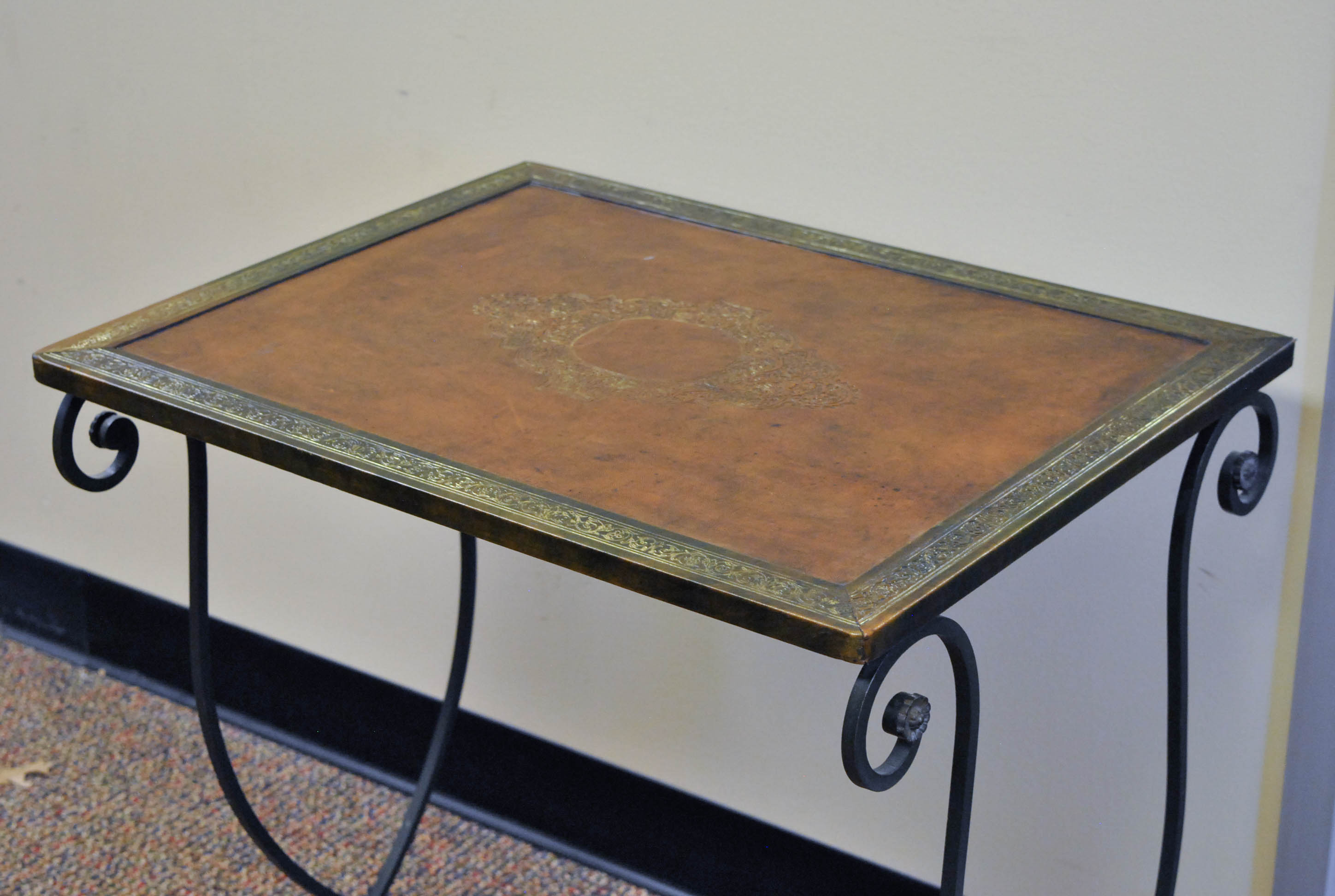 Vintage Wrought Iron Accent Table with Embossed Leather Top