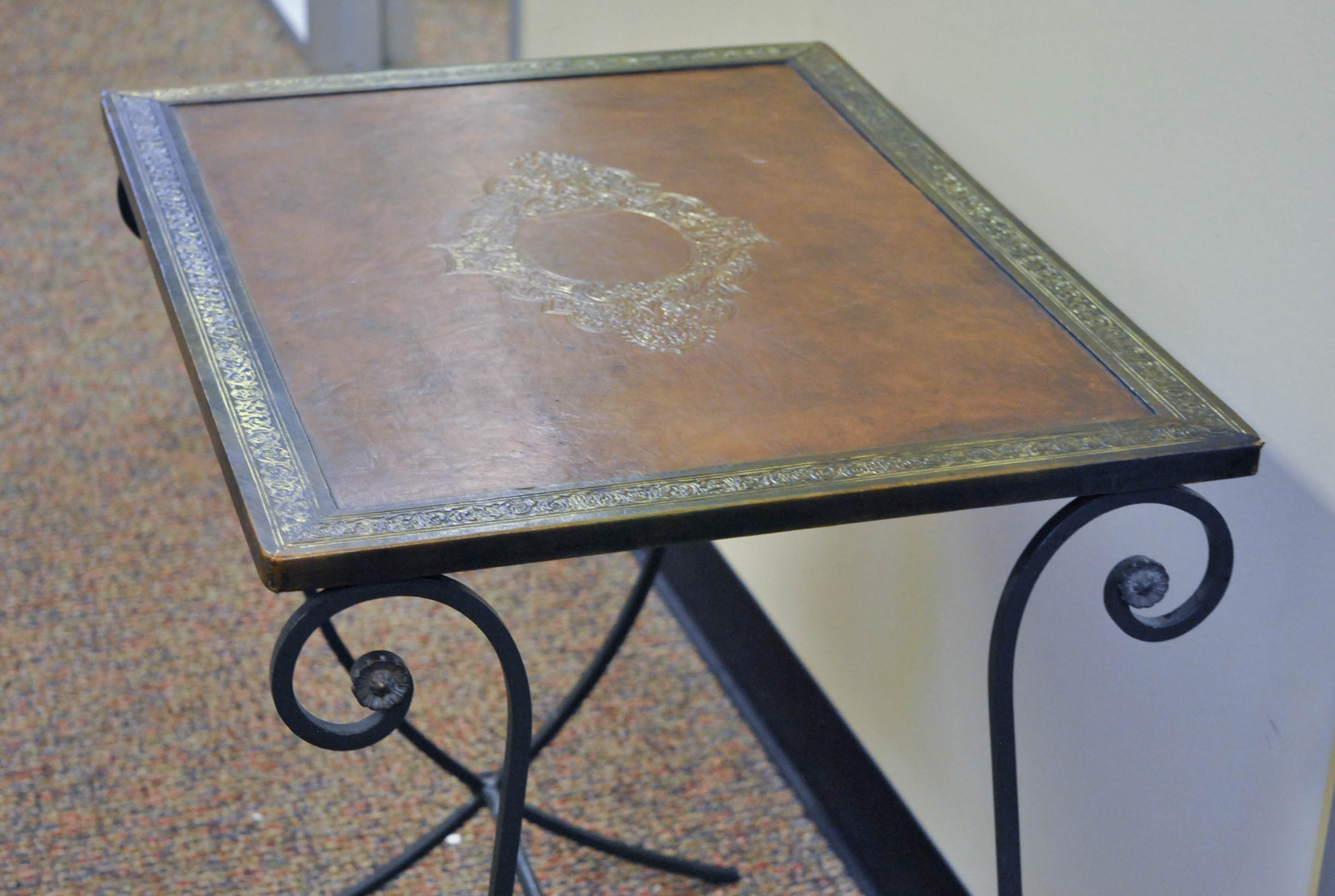 Vintage Wrought Iron Accent Table with Embossed Leather Top