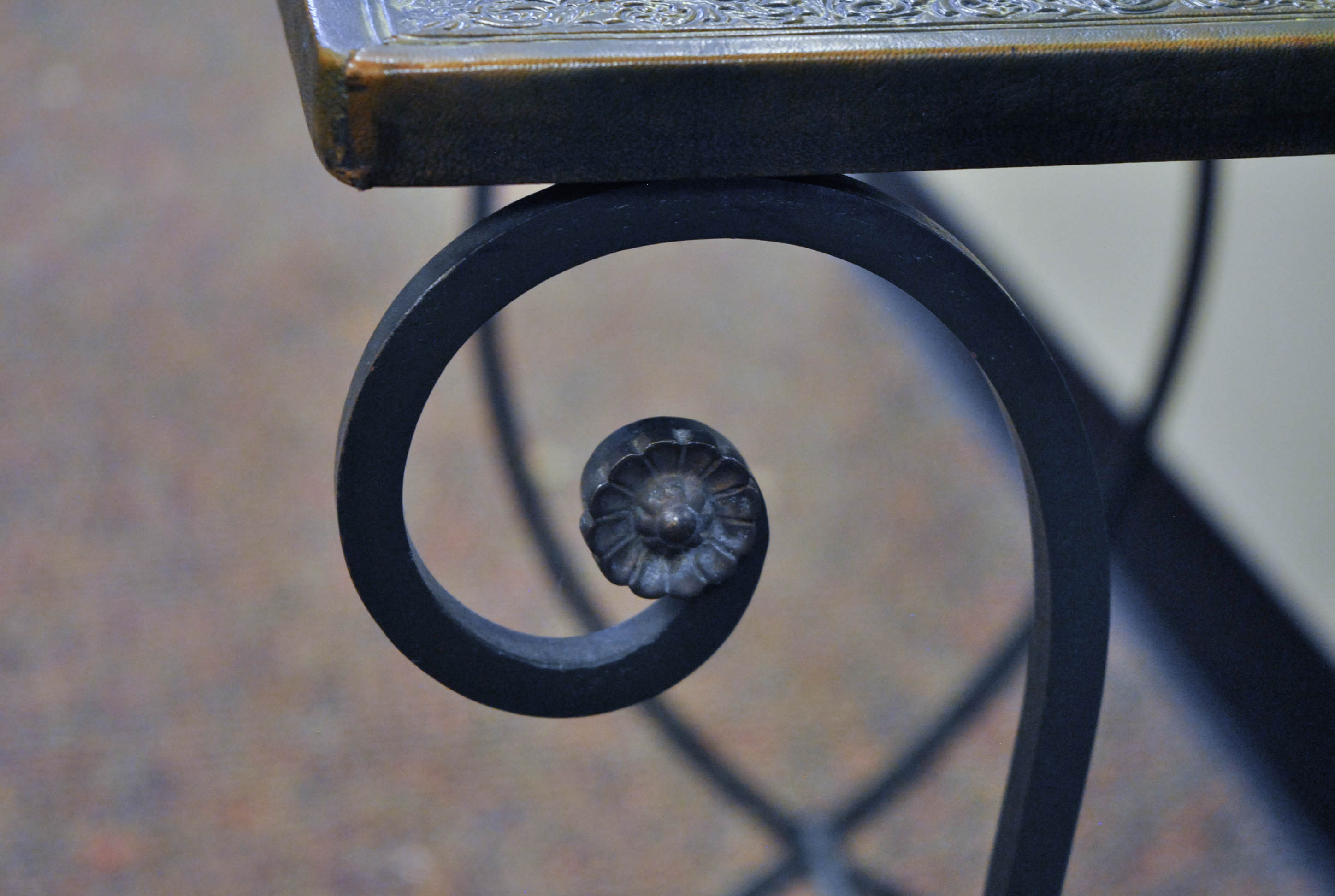 Vintage Wrought Iron Accent Table with Embossed Leather Top
