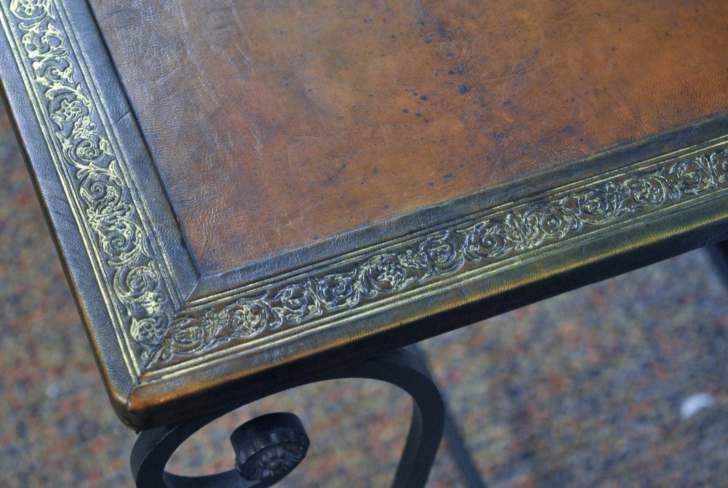 Vintage Wrought Iron Accent Table with Embossed Leather Top