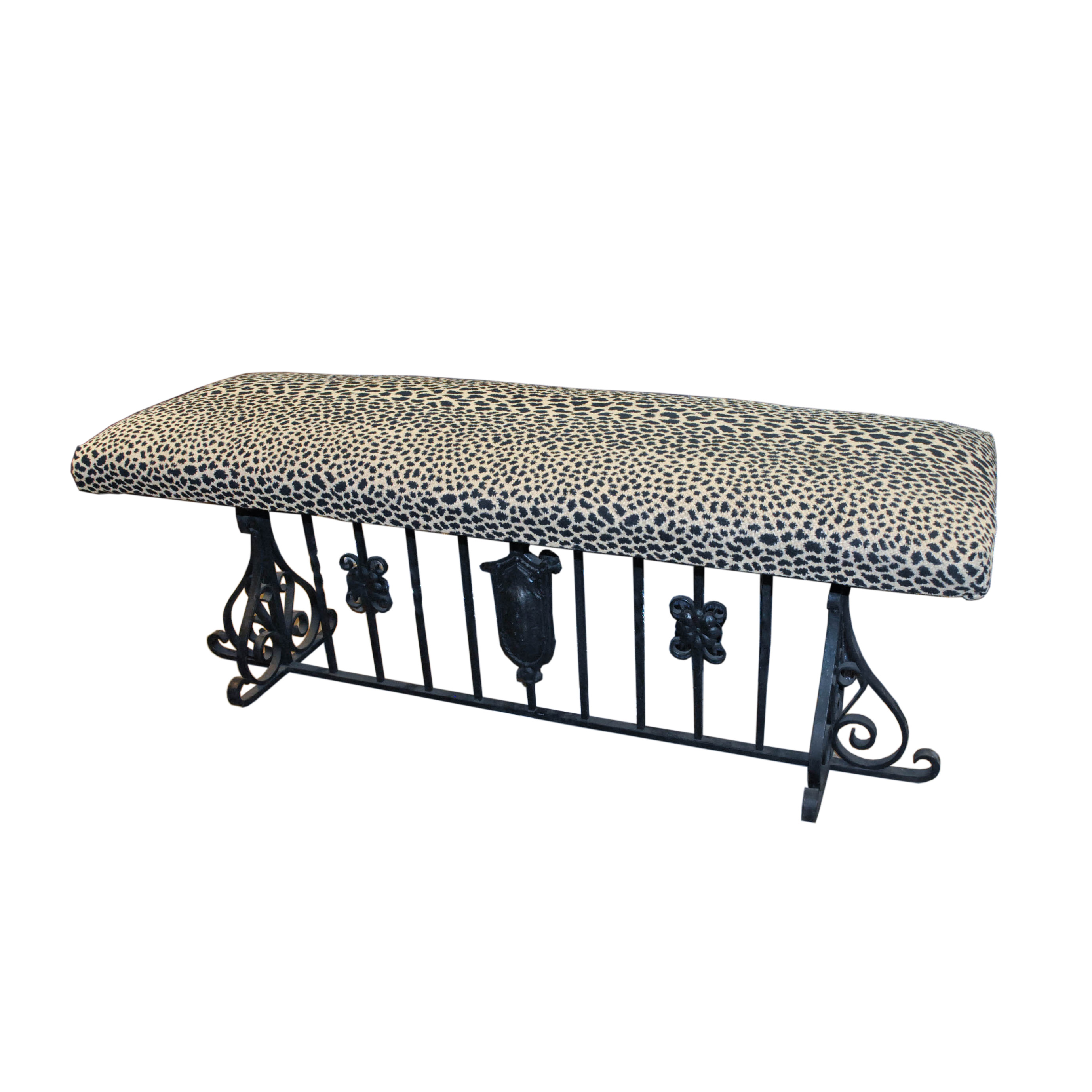 Vintage Wrought Iron Bench with Leopard Print Upholstery