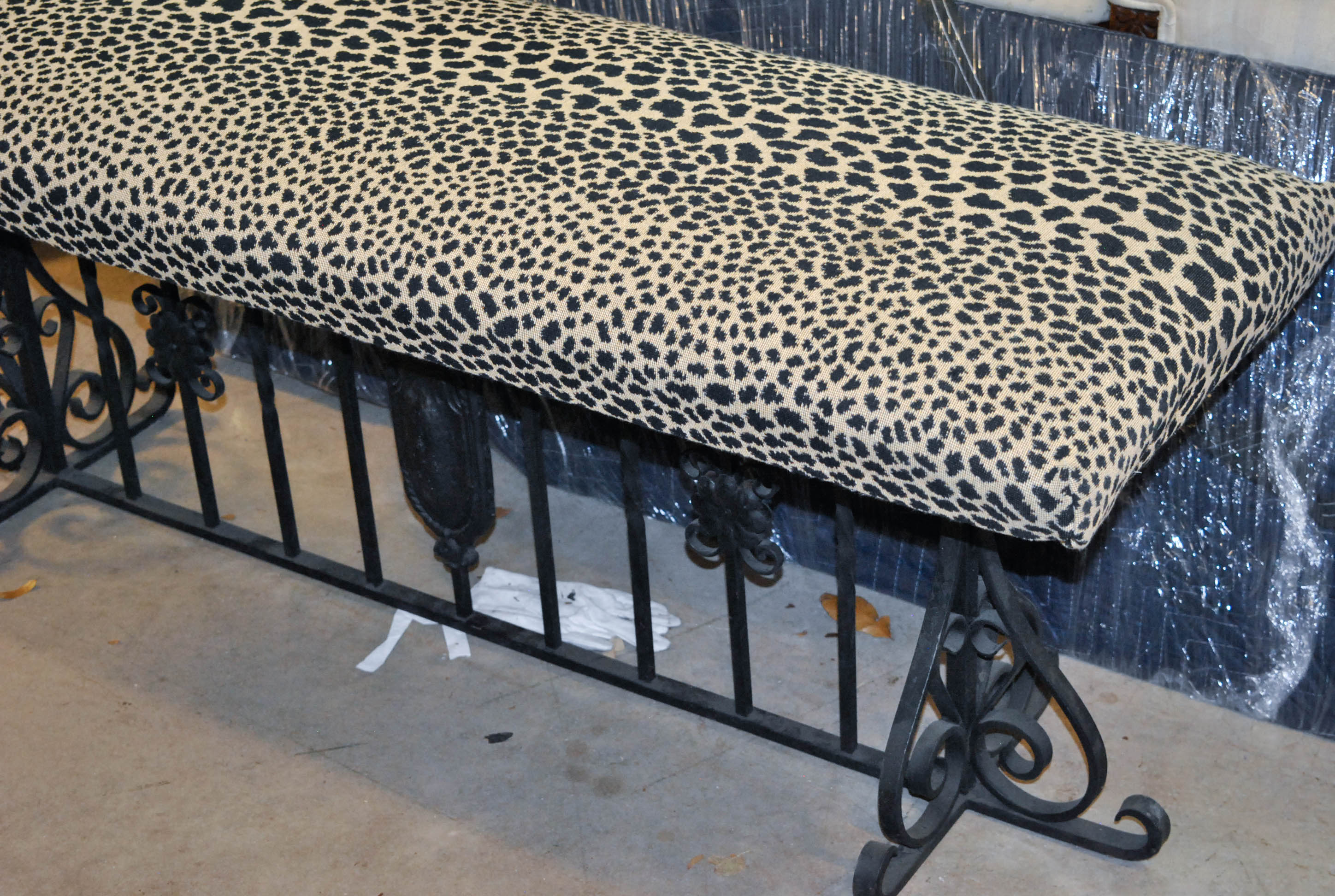 Vintage Wrought Iron Bench with Leopard Print Upholstery