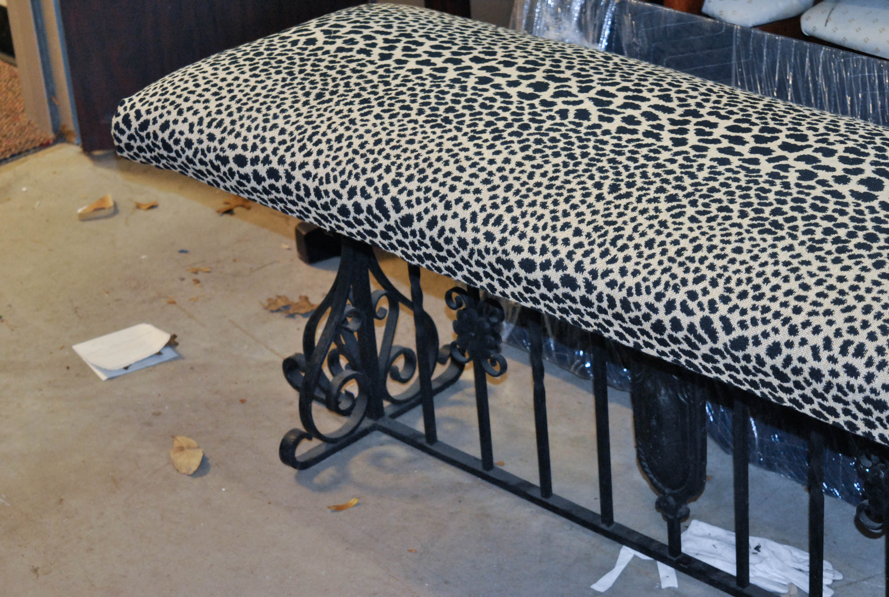 Vintage Wrought Iron Bench with Leopard Print Upholstery