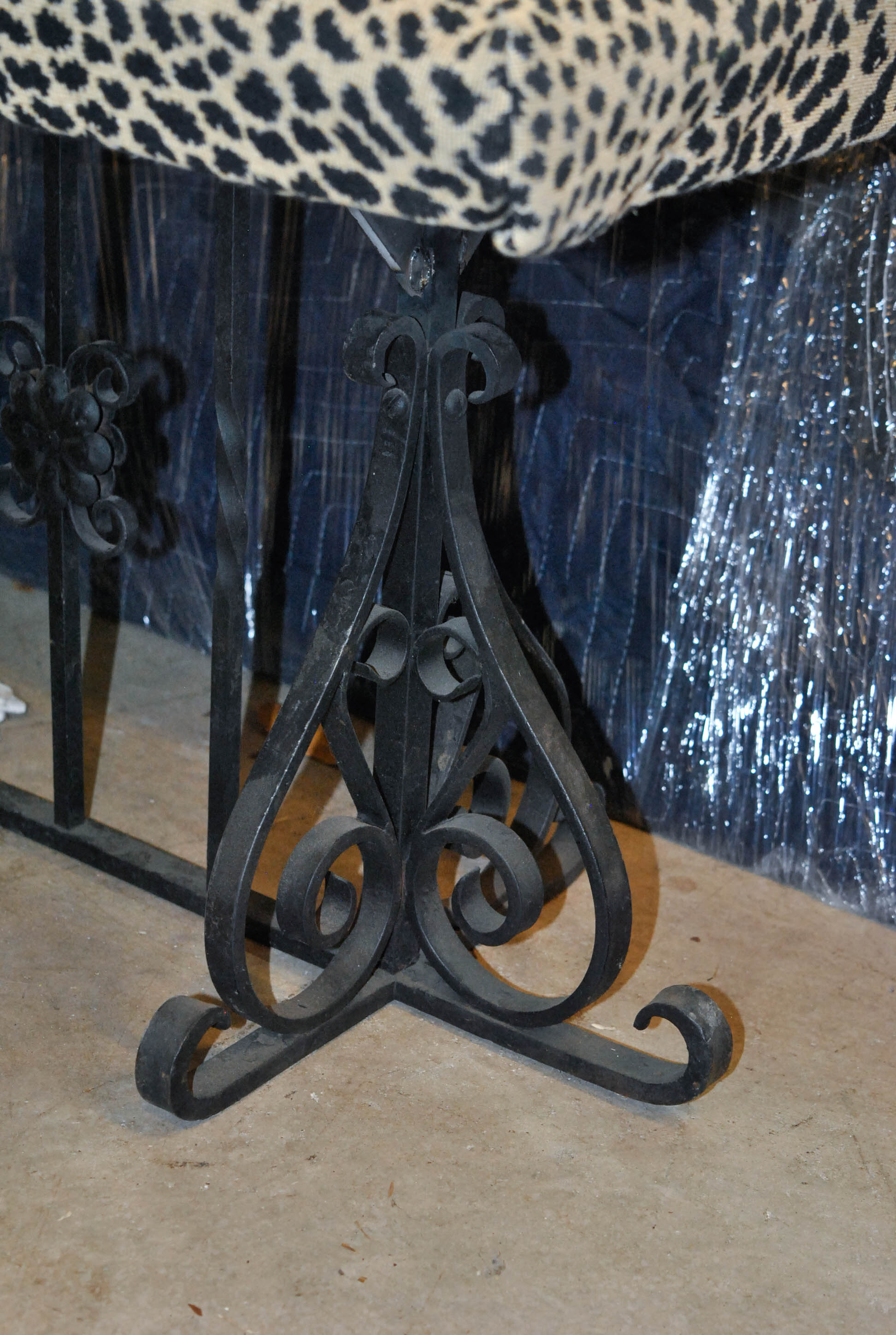 Vintage Wrought Iron Bench with Leopard Print Upholstery