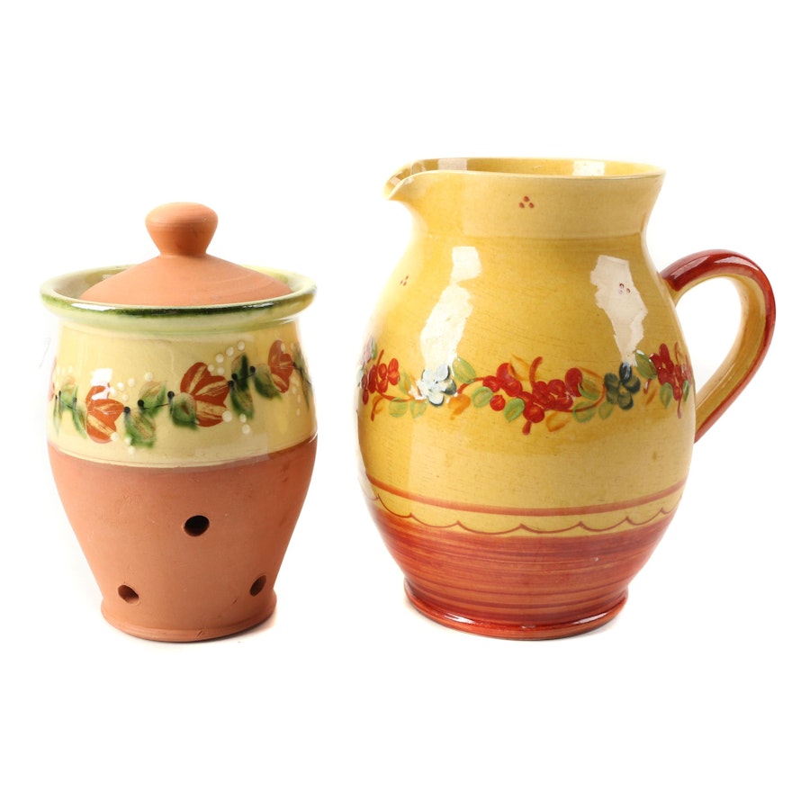 French Terre è Provence Earthenware Pitcher and Lidded Garlic Jar