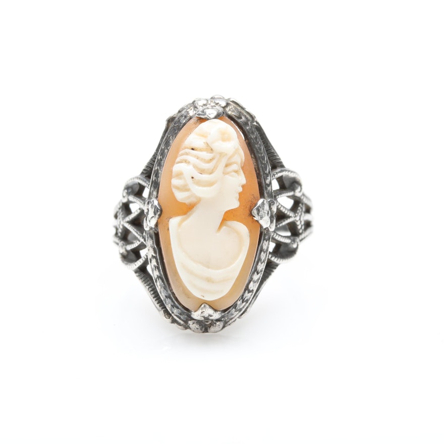 Arts and Crafts Sterling Silver Helmet Shell Cameo Ring