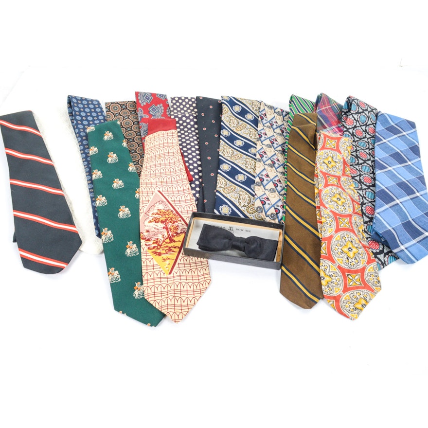 Collection of Men's Neckties and Bowties Including Silk and Jacques Estier