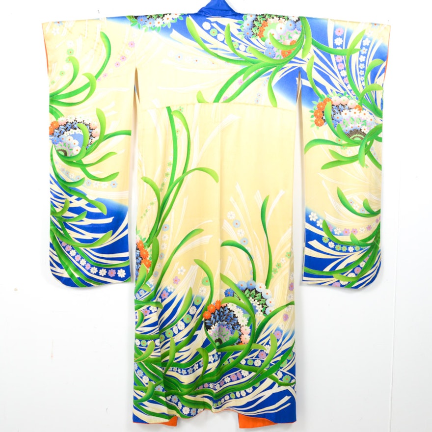 Japanese Resist Dyed Furisode Silk Kimono