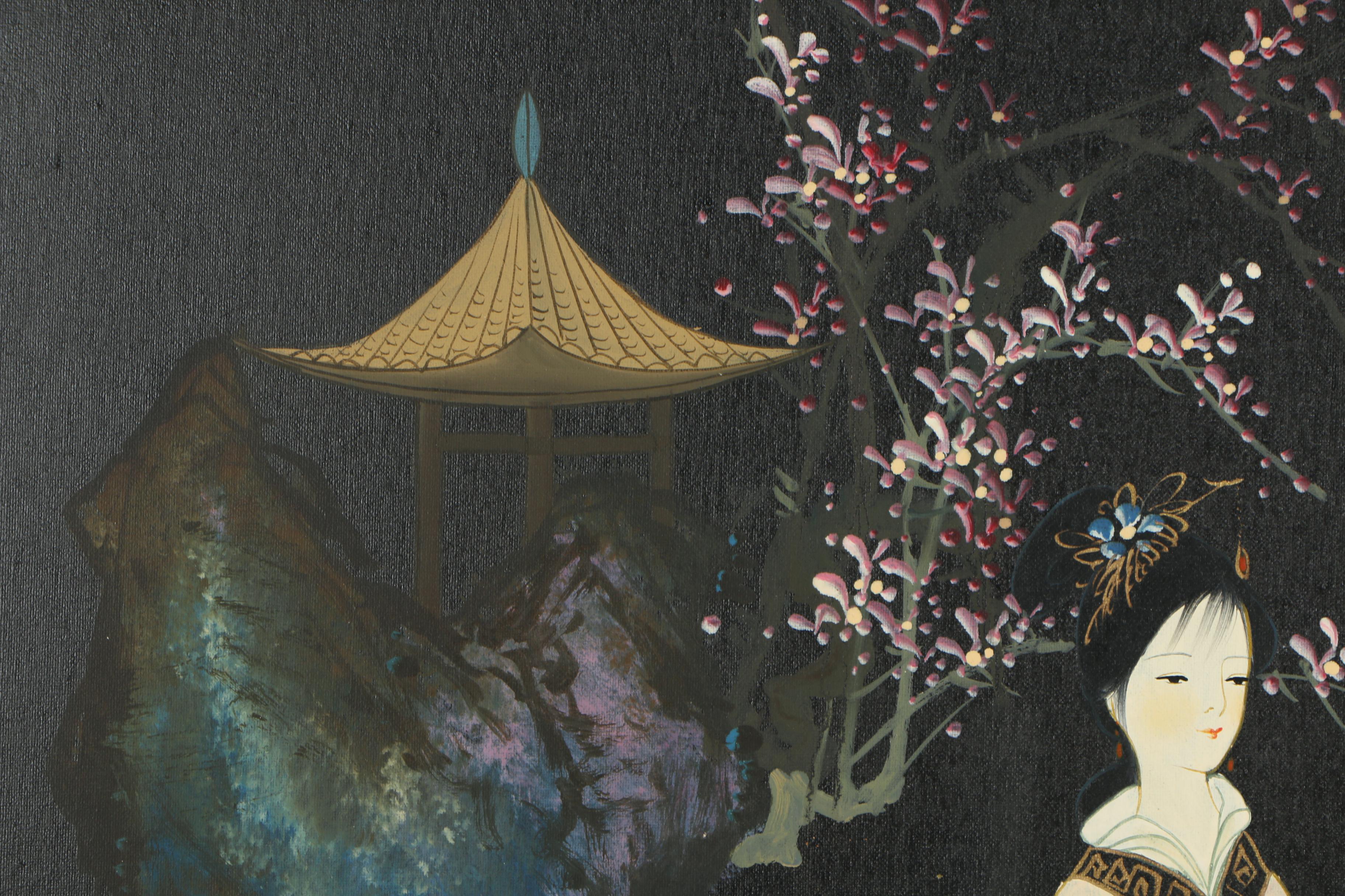 Chinese Acrylic Painting of Garden Scene