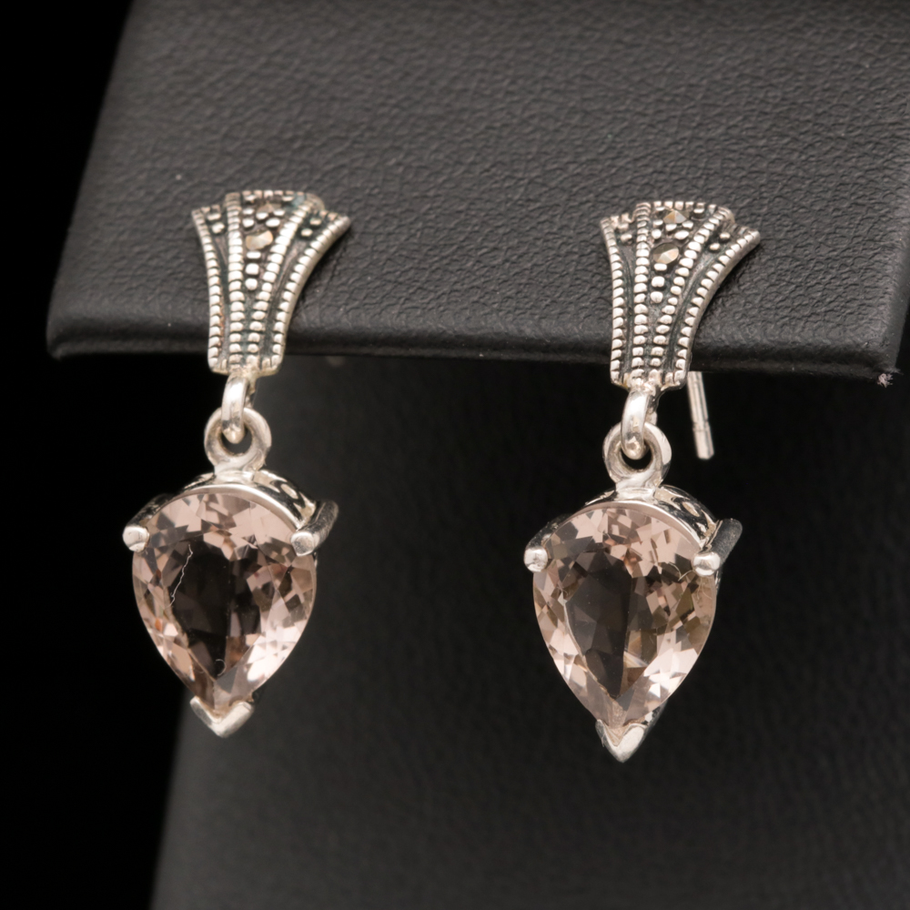 Sterling Silver, Smoky Quartz and Marcasite Earrings