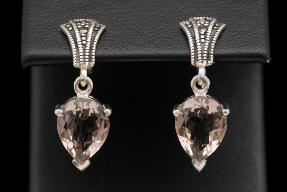 Sterling Silver, Smoky Quartz and Marcasite Earrings