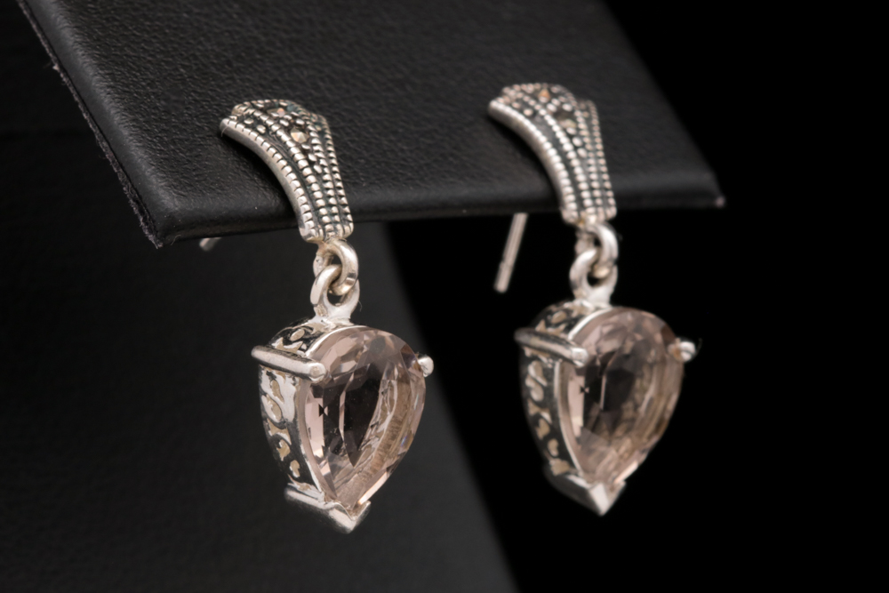 Sterling Silver, Smoky Quartz and Marcasite Earrings