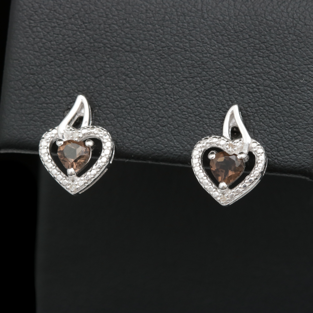 Sterling Silver, Smoky Quartz and Diamond Heart Earrings