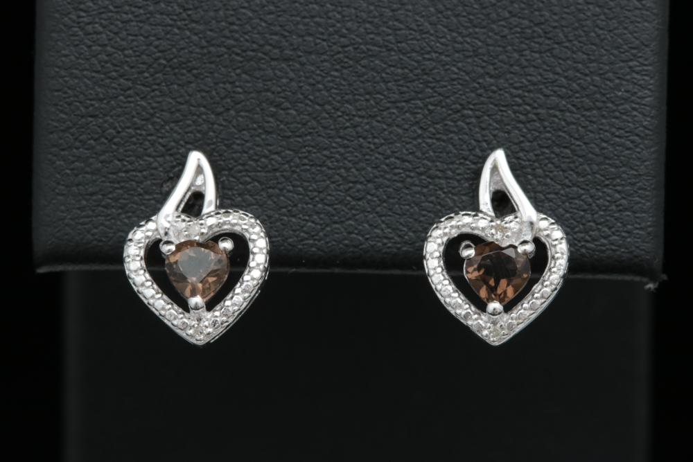 Sterling Silver, Smoky Quartz and Diamond Heart Earrings