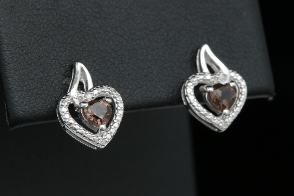 Sterling Silver, Smoky Quartz and Diamond Heart Earrings
