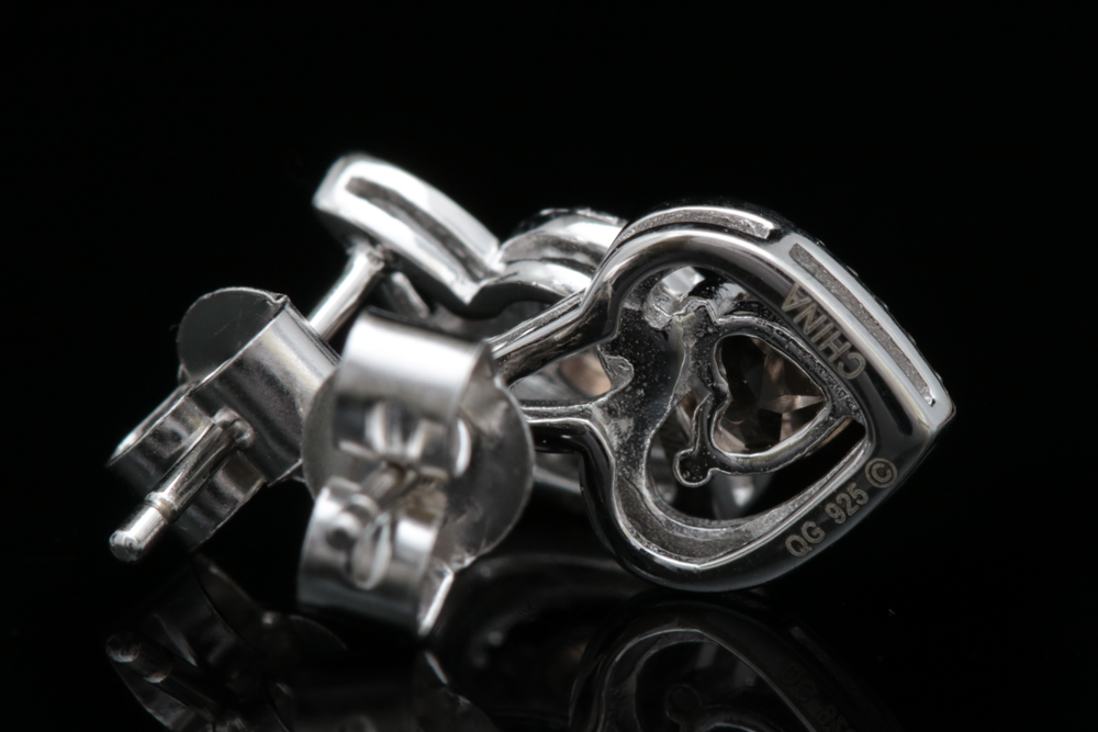 Sterling Silver, Smoky Quartz and Diamond Heart Earrings