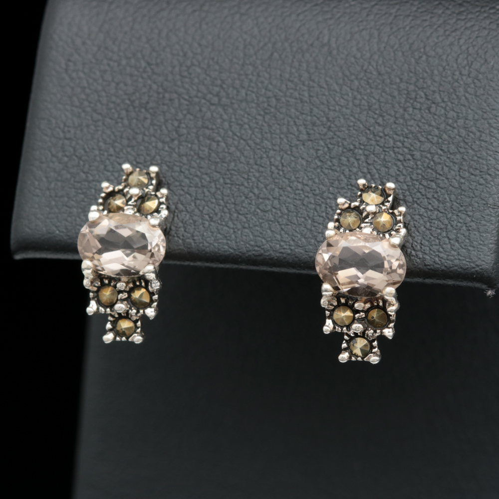 Sterling Silver, Smoky Quartz and Marcasite Earrings