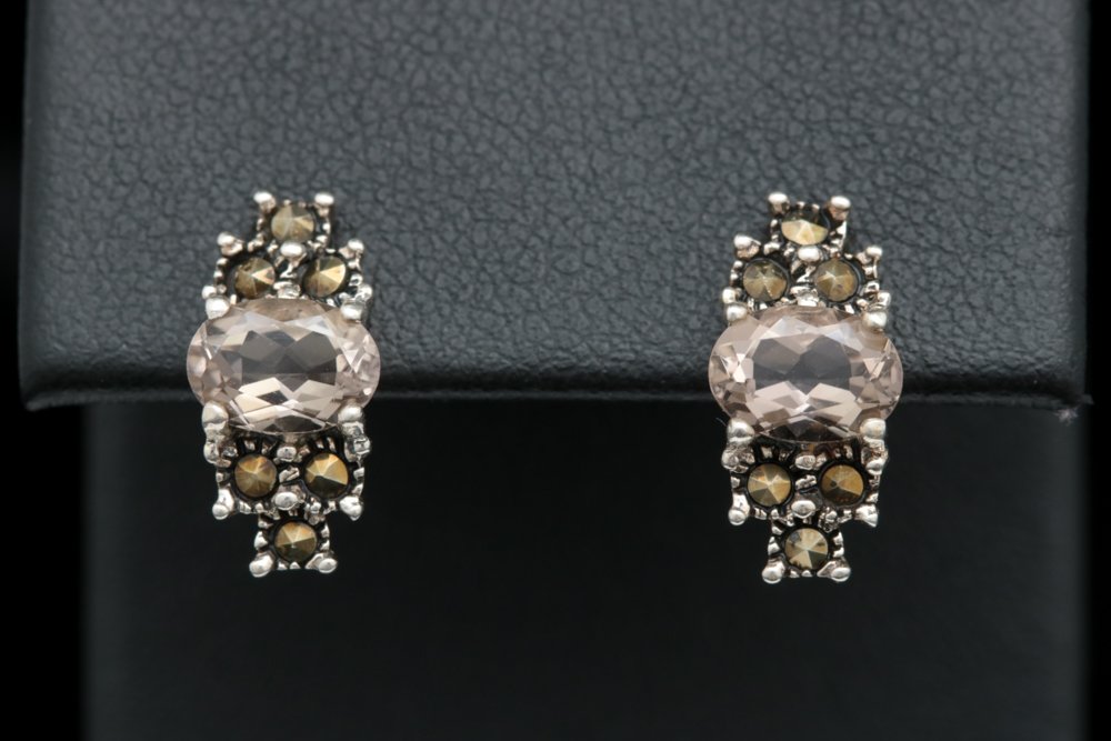Sterling Silver, Smoky Quartz and Marcasite Earrings