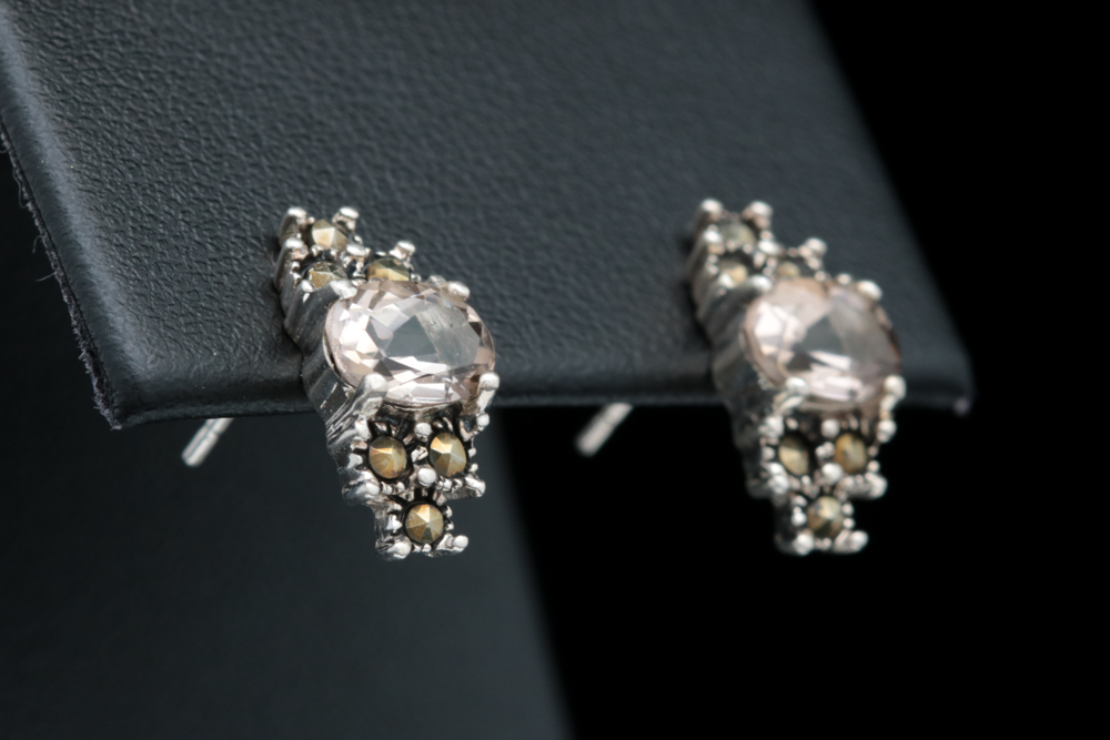 Sterling Silver, Smoky Quartz and Marcasite Earrings