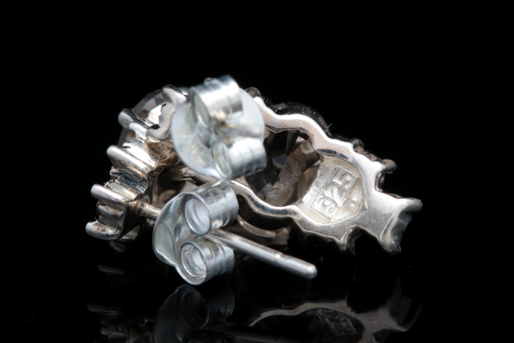 Sterling Silver, Smoky Quartz and Marcasite Earrings