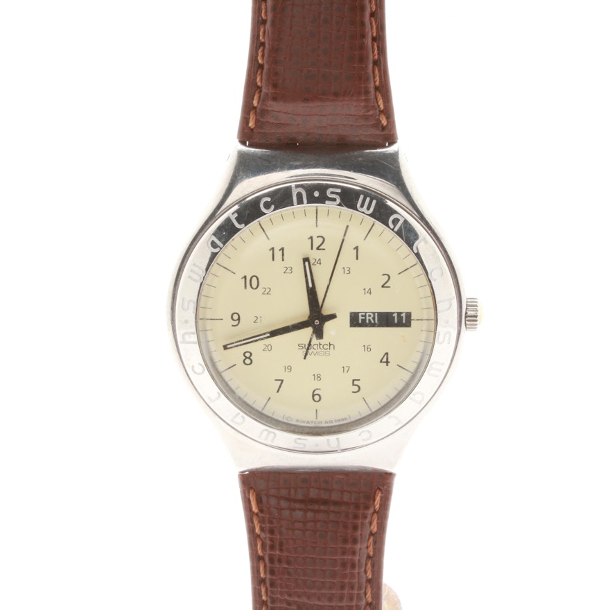 Swatch Stainless Steel Wristwatch With Leather Strap