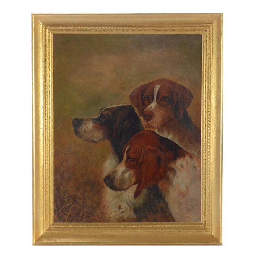 Flory Late 19th-Century Oil Hunting Dog Genre Painting on Canvas