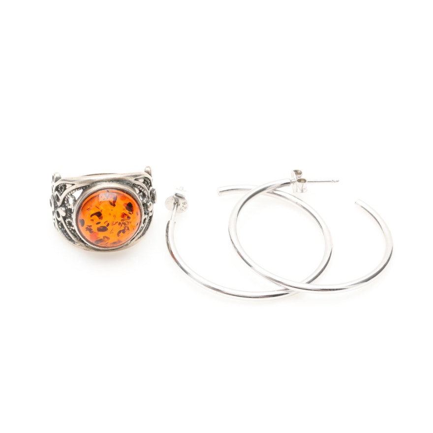 Sterling Silver Polish Made Amber Ring and Hoop Earrings