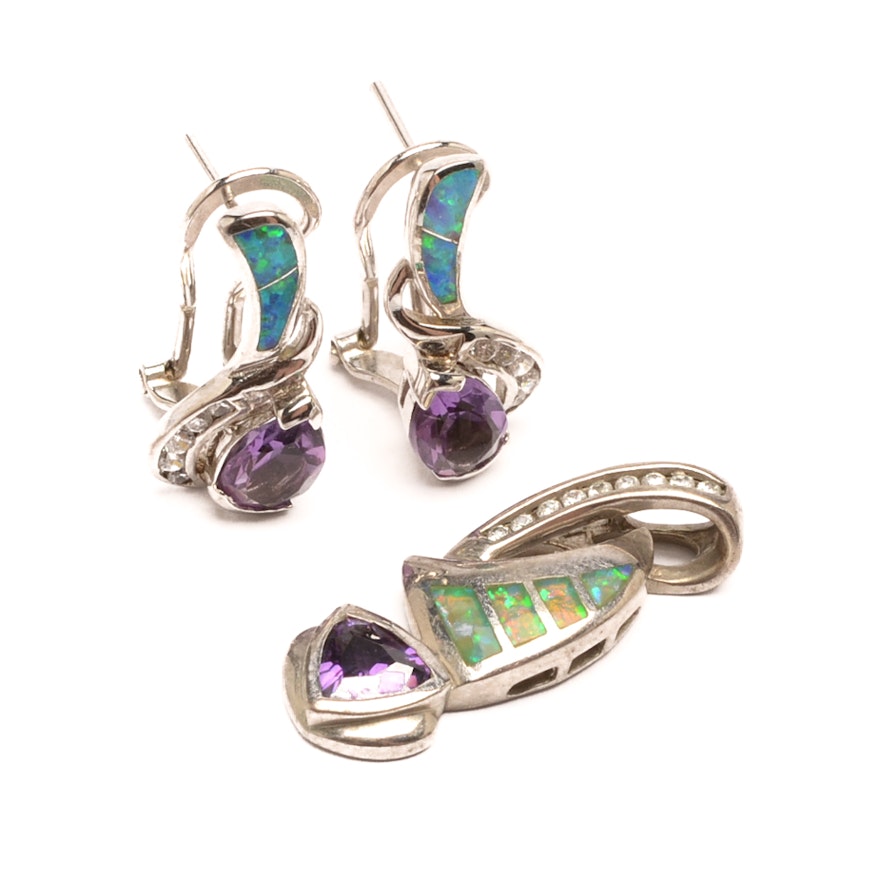 Sterling Silver Amethyst and Synthetic Opal Jewelry with Cubic Zirconia Accents