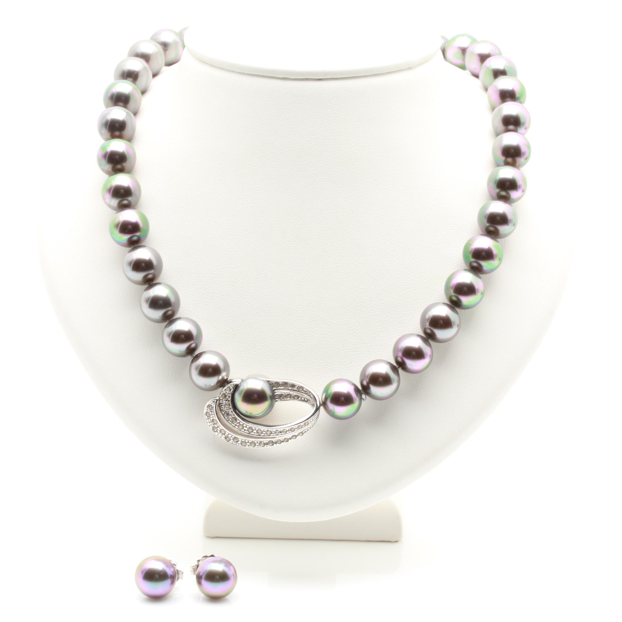 Majorica Sterling Silver Imitation Pearl Necklace and Earring Set