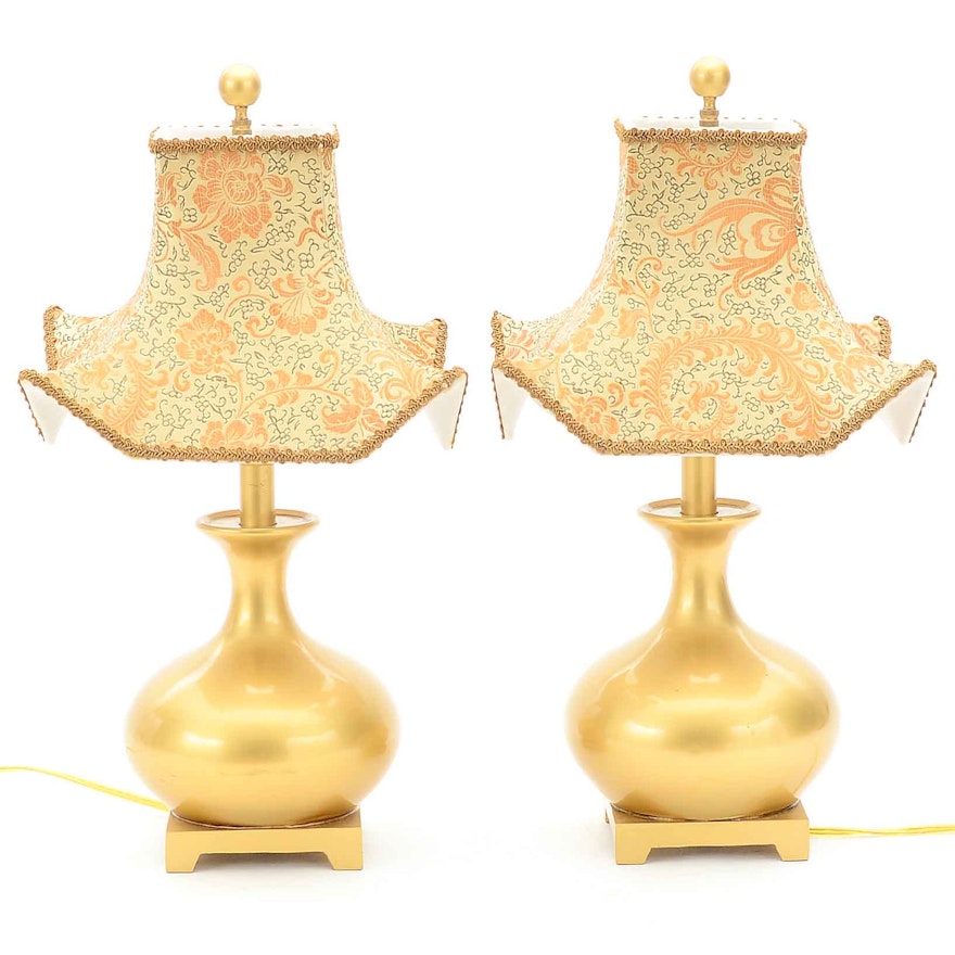 Pair of Asian Style Lamps with Brocade Pagoda Shades