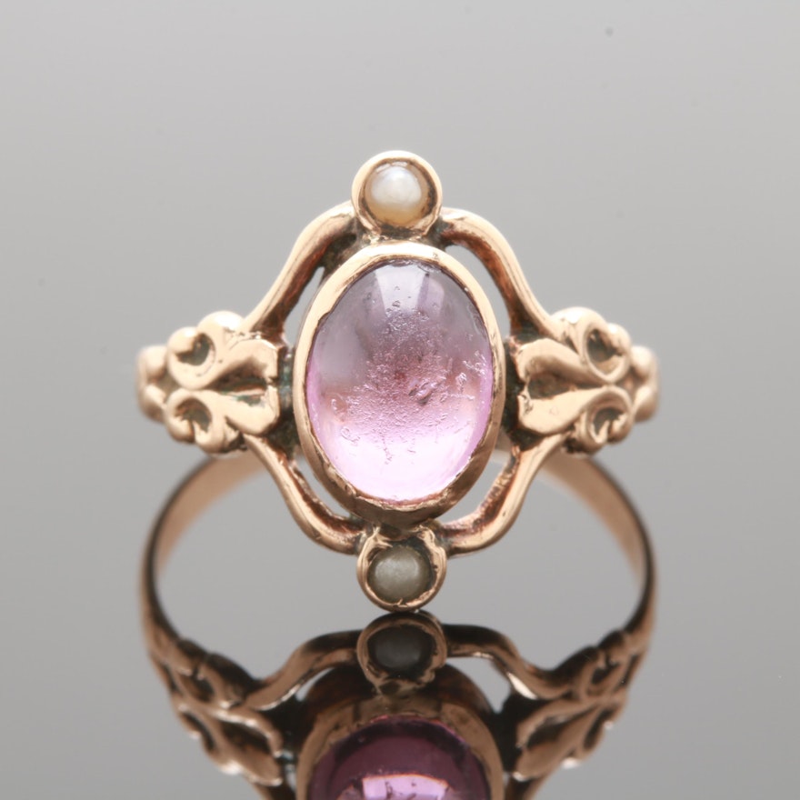 Victorian 10K Yellow Gold Purple Glass and Seed Pearl Ring