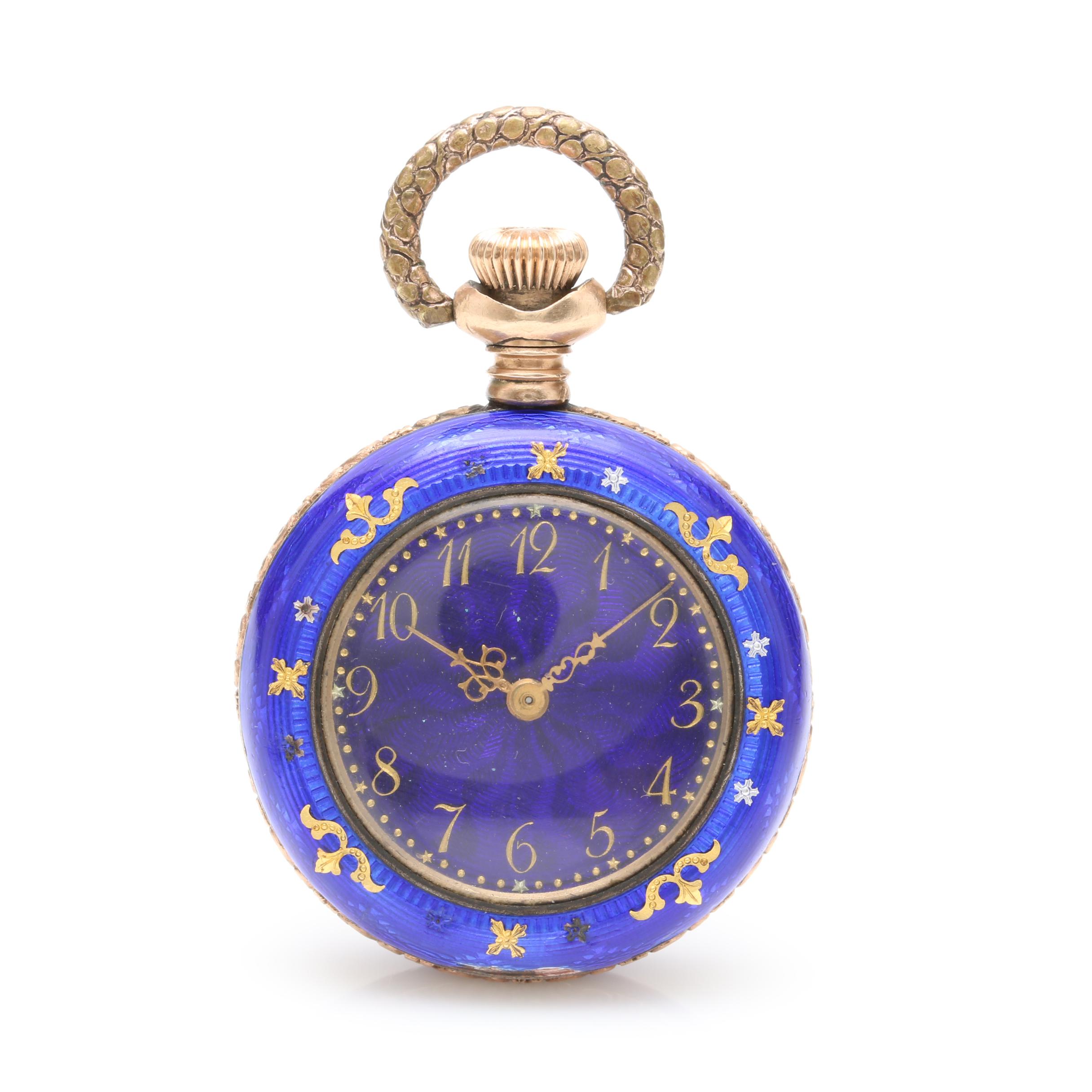 Antique Gold Wash on Sterling Silver Blue Enamel Pocket Watch