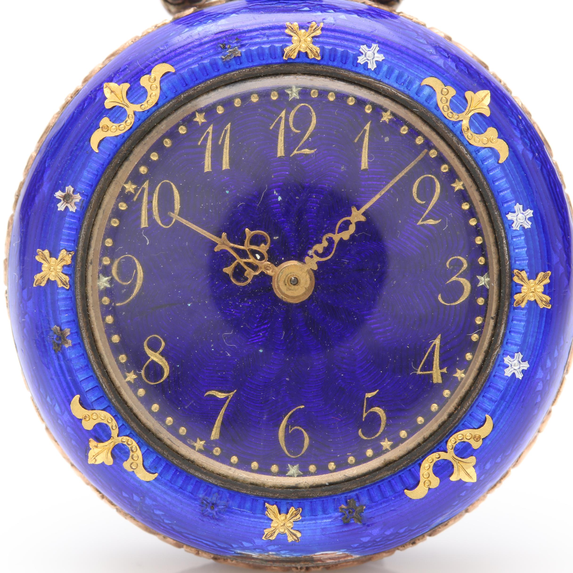 Antique Gold Wash on Sterling Silver Blue Enamel Pocket Watch