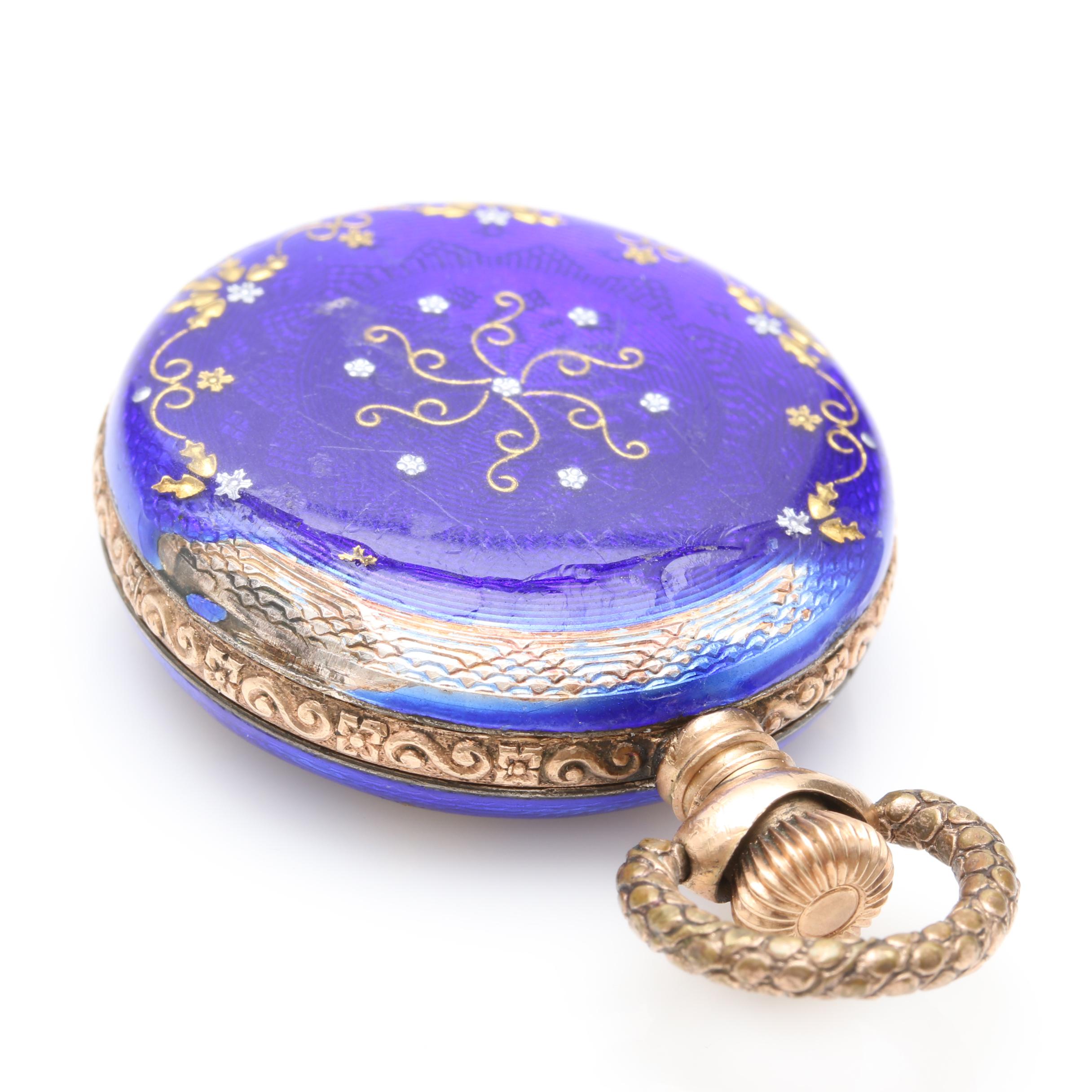 Antique Gold Wash on Sterling Silver Blue Enamel Pocket Watch