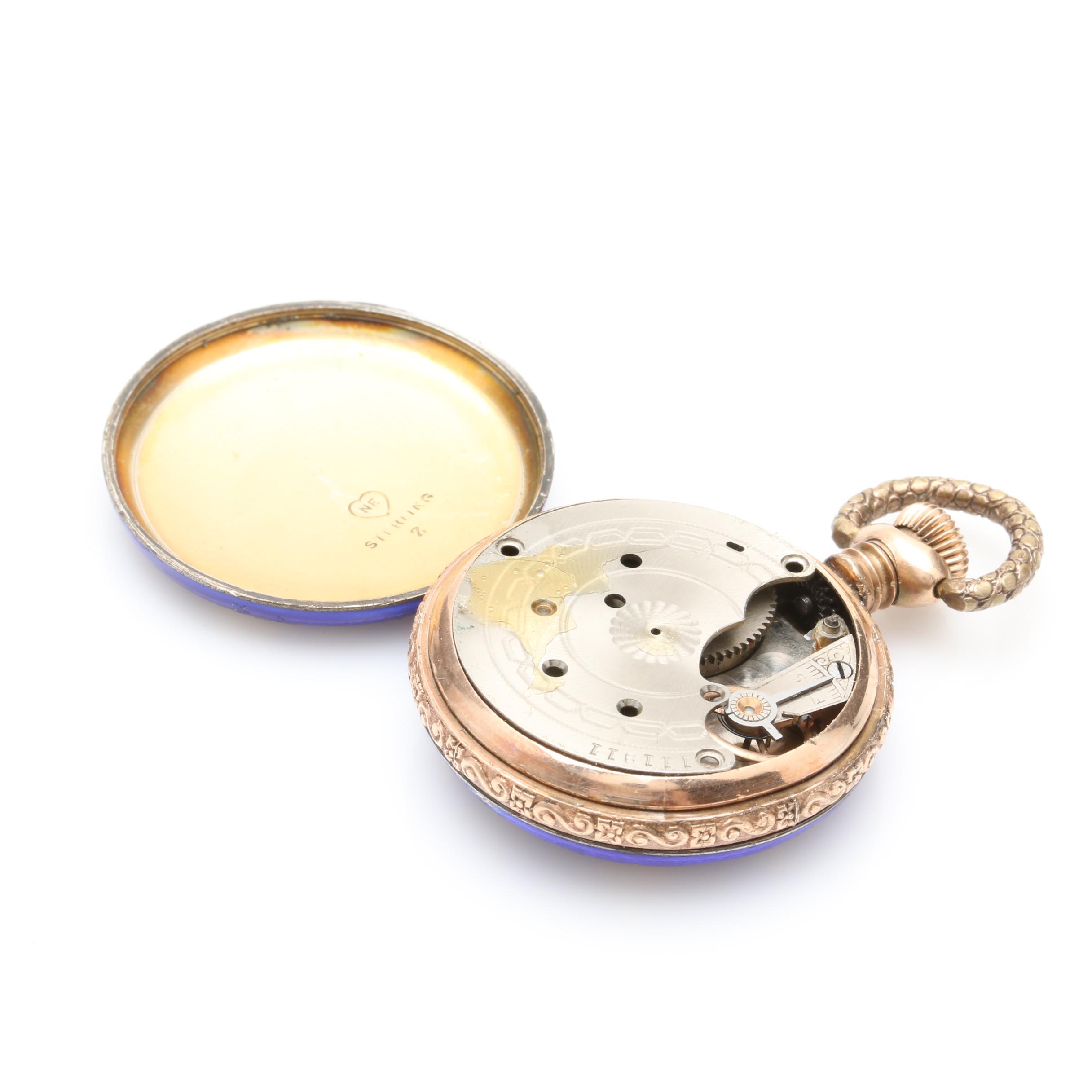 Antique Gold Wash on Sterling Silver Blue Enamel Pocket Watch