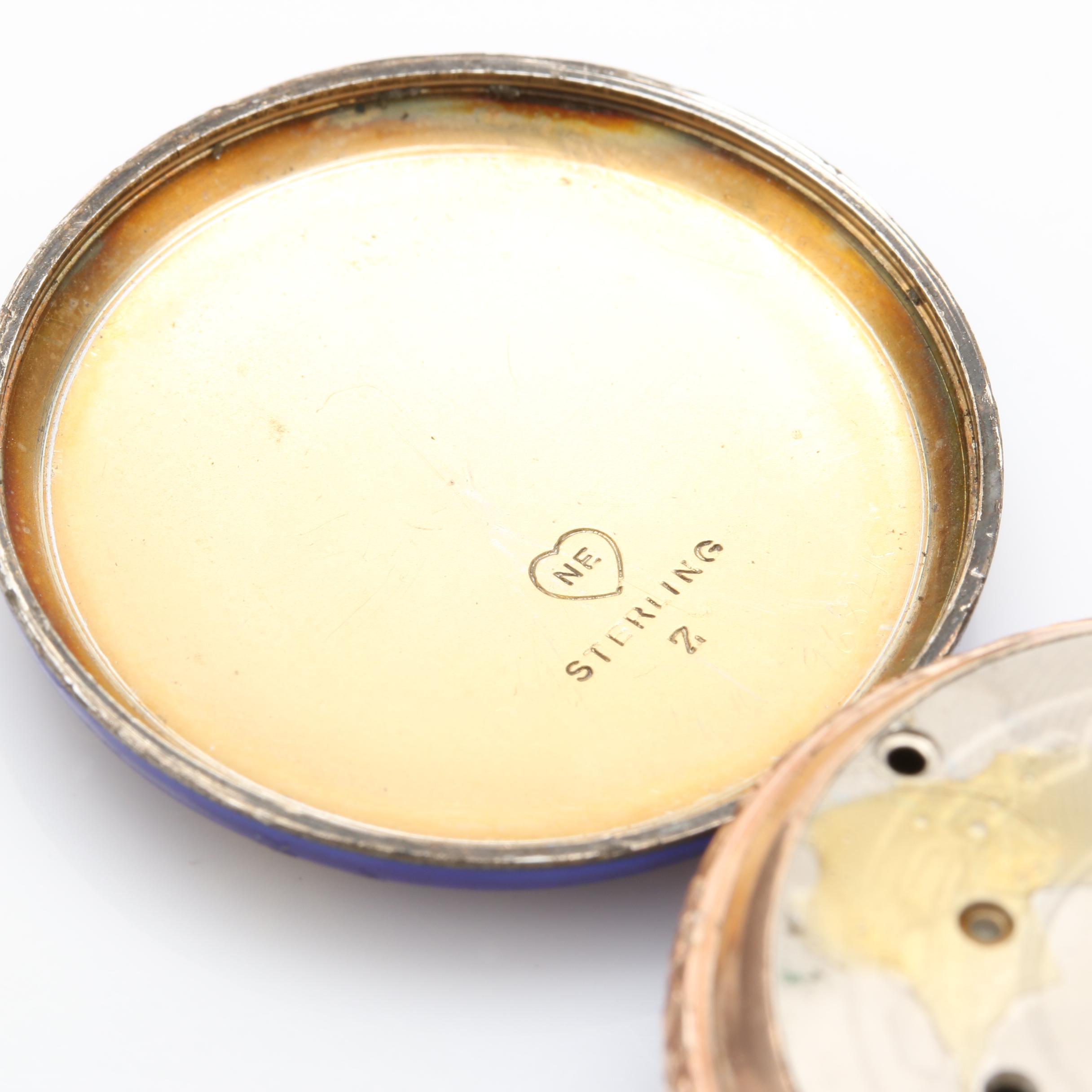 Antique Gold Wash on Sterling Silver Blue Enamel Pocket Watch