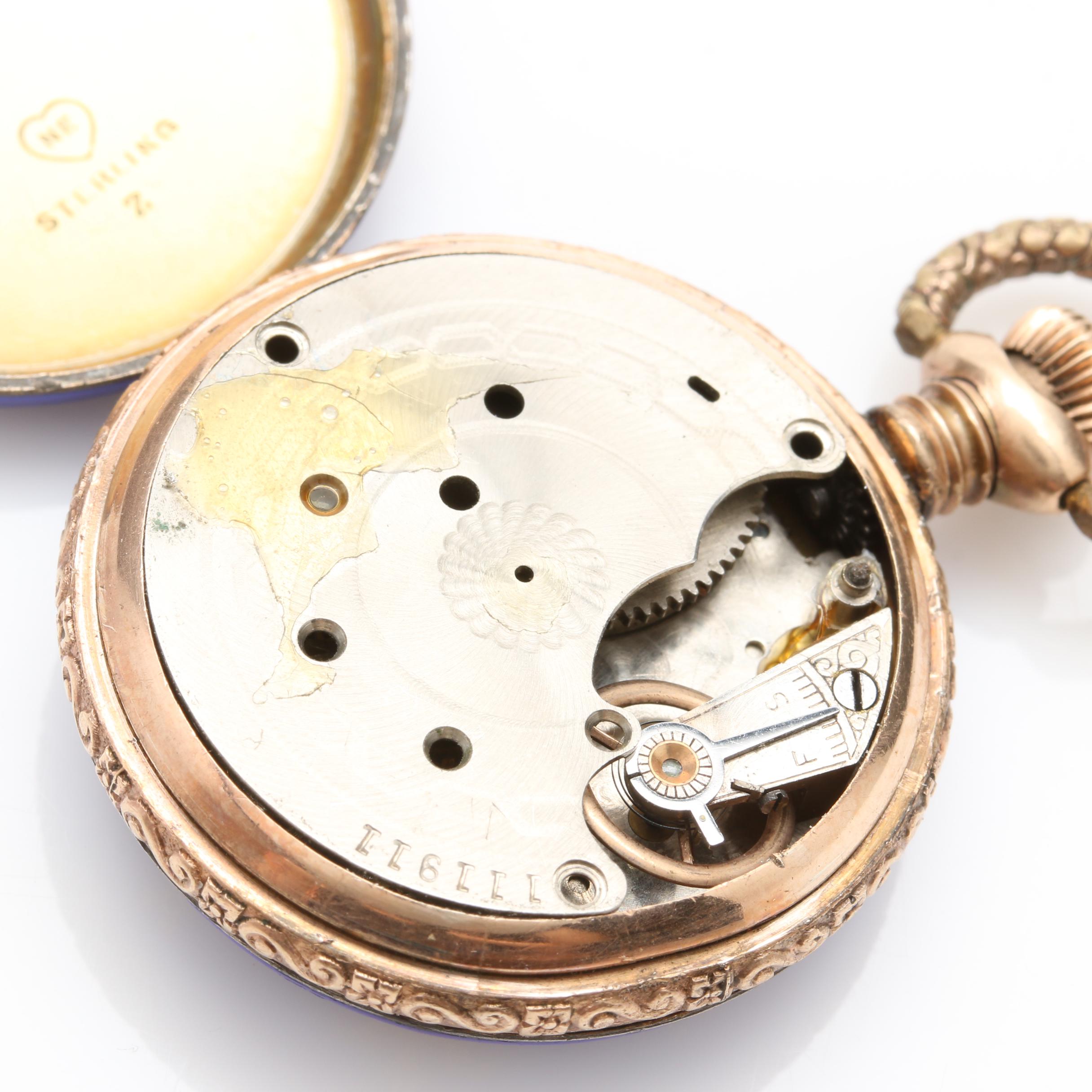 Antique Gold Wash on Sterling Silver Blue Enamel Pocket Watch