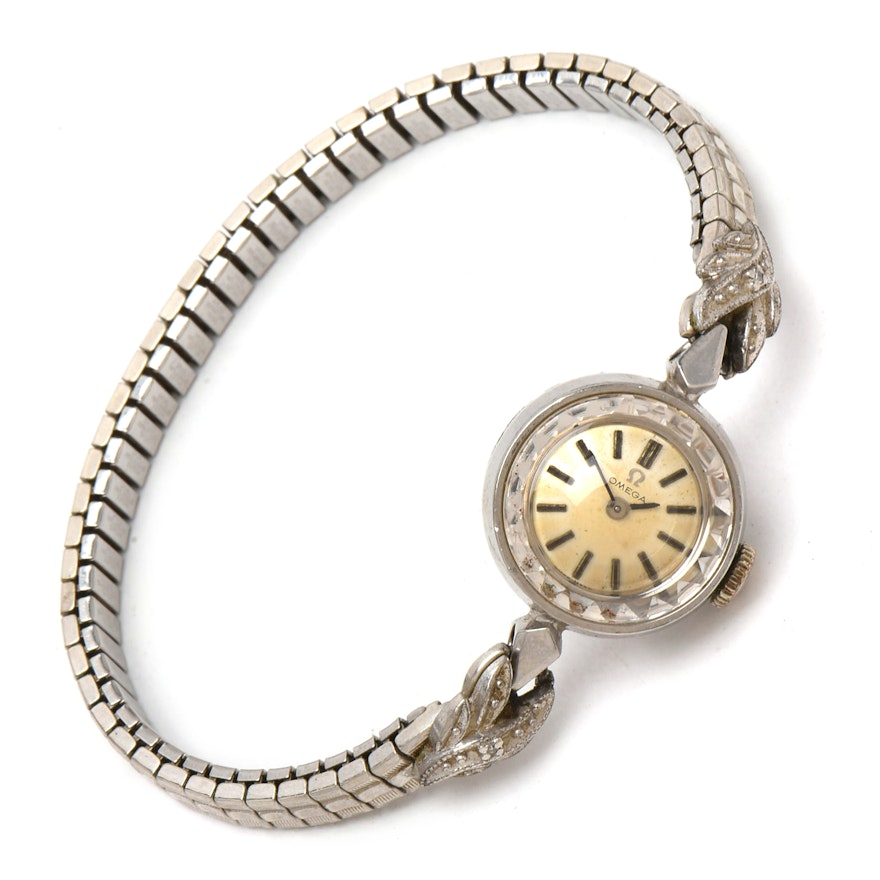 1960s Omega Diamond Stainless Steel Stem Wind Wristwatch