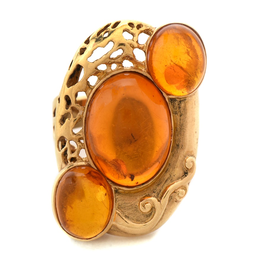 Modernist Style 18K Yellow Gold Amber Cabochon Statement Ring
