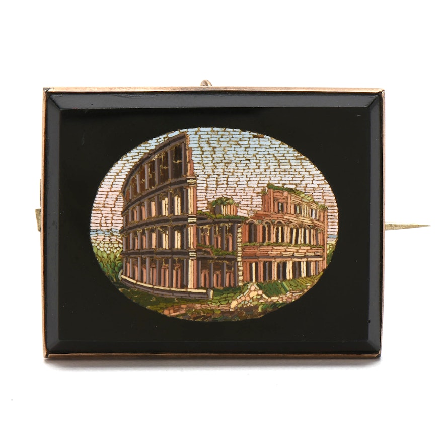 Victorian Glass Tesserae Micro-Mosaic Rome Colosseum Souvenir Brooch
